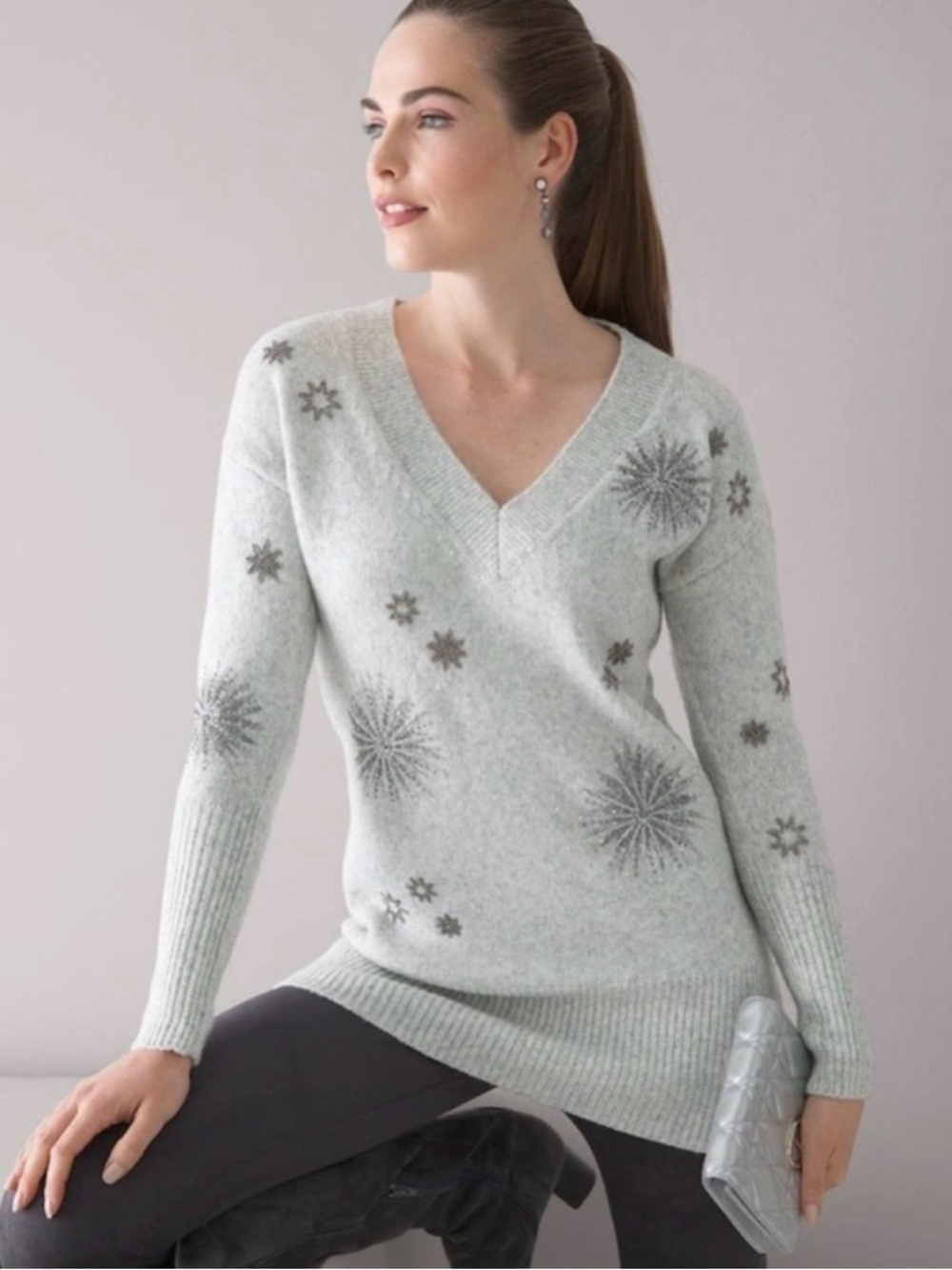 New WHBM Light Gray V-Neck Snowflake Beaded Knit Sweater Dress Wool Blend size S